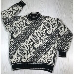 Vintage 80s Paisley Sweater Mens Large Garland Black White Acrylic Made In USA